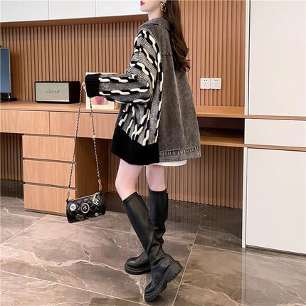 Design Sweater Stitching Denim Coat Women's Autumn and Winter 2024 New Loose Lazy Thickened Western Style Top