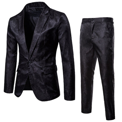 2023 Foreign Trade Spring and Autumn New Men's Glossy Dark Pattern Suit Nightclub Single-Button Men's Lapel Suit Set Wholesale