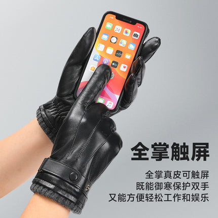 Leather Gloves Plus Velvet and Thickened Touch Screen Men's Warm Gloves Outdoor Cycling Men's Windproof and Anti-Slip Winter Driving