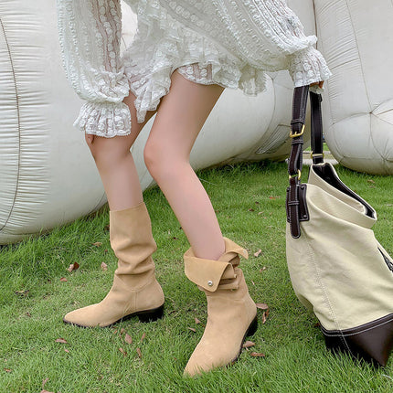 One-Shoe Two-Wear Retro Western Cowboy Boots Pointed Sleeve Boots Women's Thick Heel Fashionable Mid-Heel Boots Heap Boots