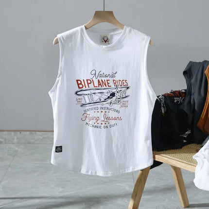Summer Trendy Brand American Style Retro Style Printed Washed Cotton Crewneck Vest Men's Sports Leisure Sleeveless T-shirt Men's Clothing