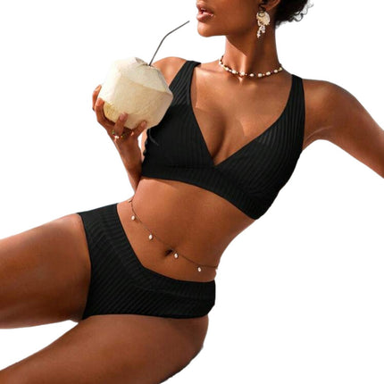 2025 New European and American Cross-Border Bikini Pure Color Deep V Threaded Pit Strip Sexy Bikini Split Swimsuit for Women