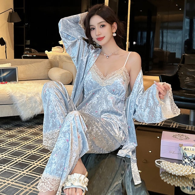 Wholesale Autumn and Winter New Style Gold Velvet Light Luxury Pajamas for Women Gold Velvet Home Clothes Live Broadcast Three-Piece Set Lace Pure Desire