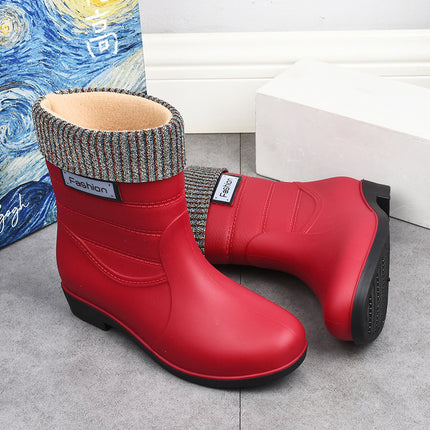 New fashion rain boots Women's Mid-calf warm rain boots non-slip water shoes work rubber shoes adult cotton-padded water boots overshoes