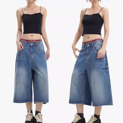 American Retro Washed Distressed Lightning Pattern Cropped Denim Shorts for Women Summer New Loose Straight Wide-Leg Mid-Pants