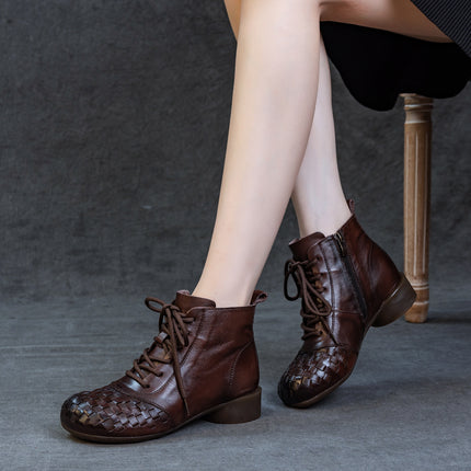 Genuine Leather Boots 2025 Autumn and Winter New Thick Heel Soft Sole Top Layer Soft Cowhide Women's Boots Retro Polished Woven Single Boots