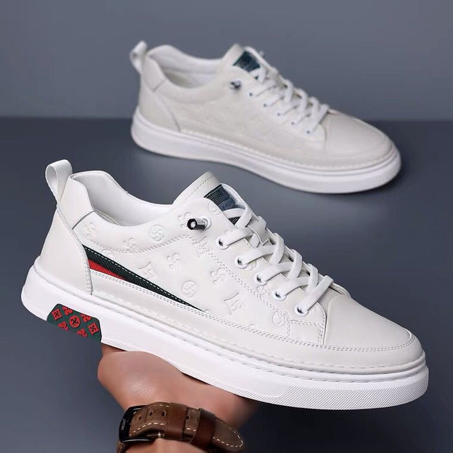 New Trendy White Sneakers with Hidden Height Increase for Men, Casual Leather Shoes