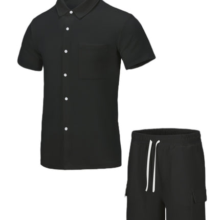 Cross-border new suit cardigan advanced texture vacation shirt drawstring elastic waist shorts plain light cooked two-piece set