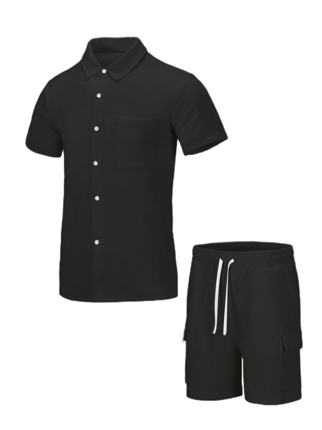 Cross-border new suit cardigan advanced texture vacation shirt drawstring elastic waist shorts plain light cooked two-piece set
