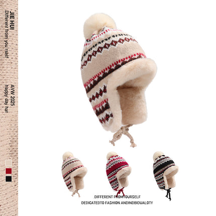 Fair Isle Style Knitted Hat, Thickened for Cold Weather in the Northeast, Windproof and Cold-Resistant Lei Feng Hat, Winter Thickened Warm Ear-Protecting Jacquard Hat