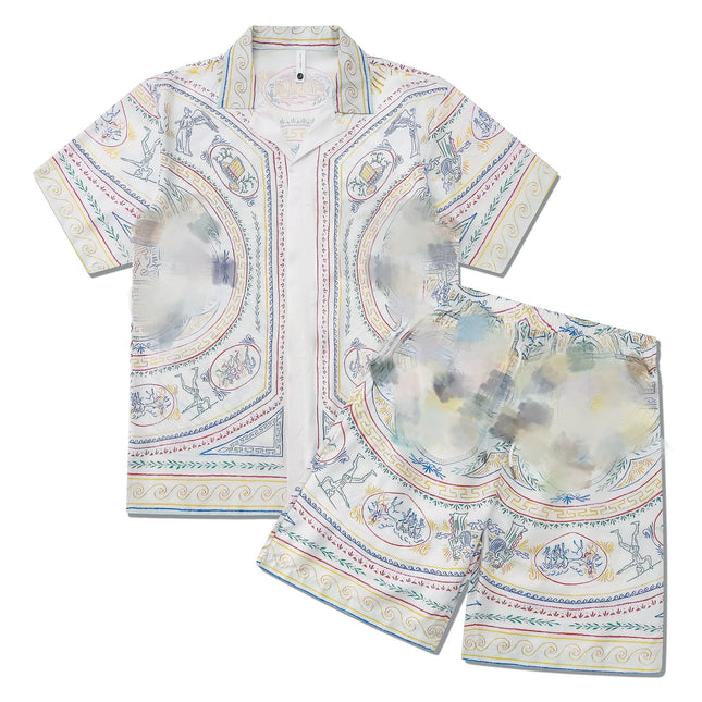 Foreign Trade Casual Hawaiian Beach Printed Short-Sleeved Shirt Cuban Collar European and American Retro Vacation Shorts Two-Piece Set