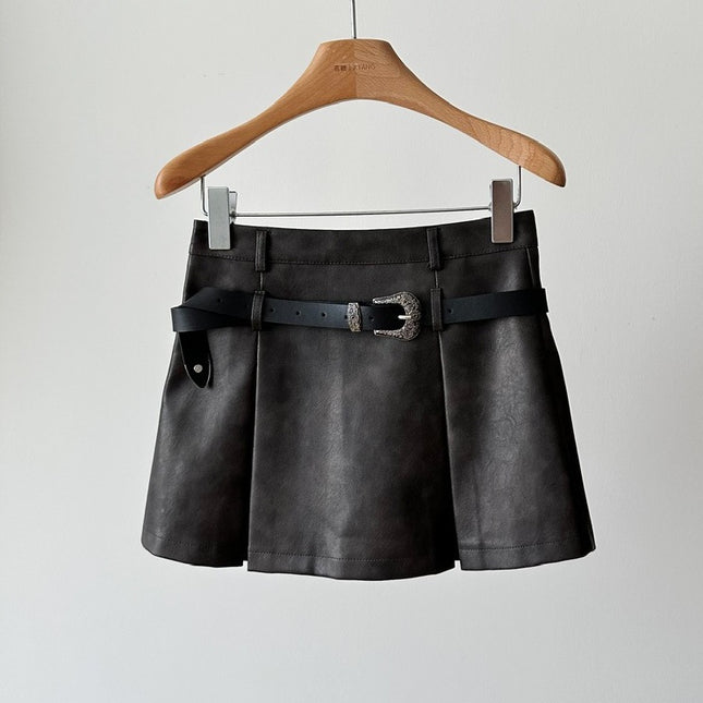 american Retro Hot Girl a-line Skirt Women's autumn New High Waist pu Leather Skirt Hip Skirt Rubbed Color Distressed Short Skirt