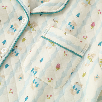 Three Layer Air Cotton Sandwich Printed Women's Pajamas suit Autumn and Winter Air Lapel Long Sleeve Trousers Home Clothes
