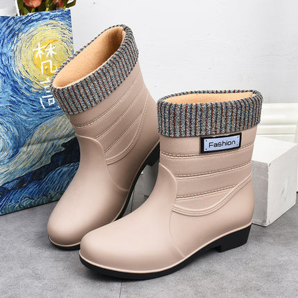 New fashion rain boots Women's Mid-calf warm rain boots non-slip water shoes work rubber shoes adult cotton-padded water boots overshoes