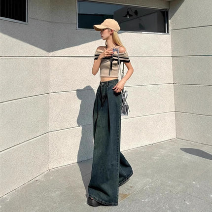 Vintage Niche Loose Drape Wide-Leg Jeans for Women Spring New Design Distressed Versatile Floor-Length Pants