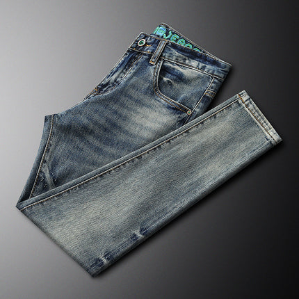 Trendy Retro Blue Cropped Jeans Men's Autumn and Winter Waist Letter Embroidery Stretch Slim-Fit Small Straight Feet Nostalgic Youth