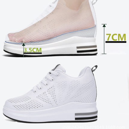 Women's Mesh Wedge Thick-soled White Shoes Summer Breathable Invisible Heightening Board Shoes Casual Student sneaker