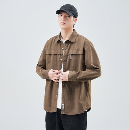 Heavy Wash Cotton Japanese Style Retro Fashional Brand Loose Casual Shirt Jacket Brown in stock Single Square Collar