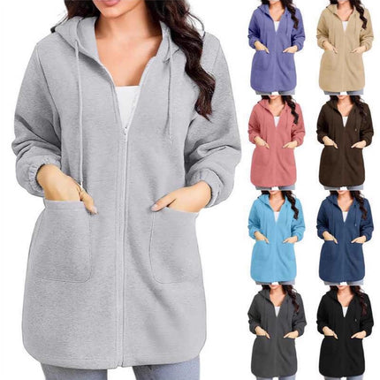 2025 European and American Cross-Border Casual Hooded Jacket for Women with Zipper Pockets, Long Hoodie, Casual Style