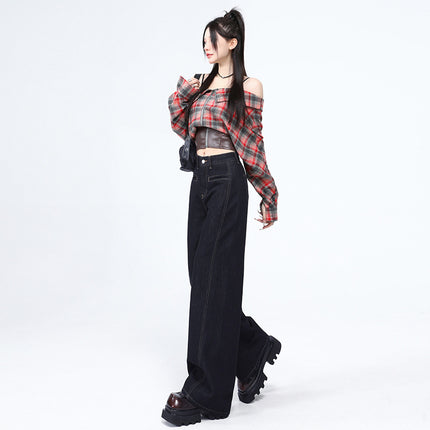 Denim Color Pocket Design High-Waisted Jeans for Women, 2025 Spring and Autumn New Style, Loose Fit, Slimming, Floor-Length Wide-Leg Pants