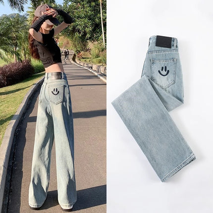 Light Color Wide Leg Jeans Women's Trendy All-match New High Waist Loose Dosing Narrow Retro Straight Pants