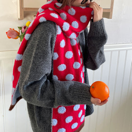 Strawberry & Blueberry Heartbeat Jam Color 25-Year Korean Style New Polka Dot Knitted Plush Scarf for Women with a High-End Feel