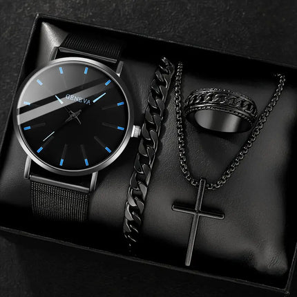Men's 4-piece Luxury Stainless Steel Quartz Watch with Calendar Gold Cross Necklace Bracelet and Ring