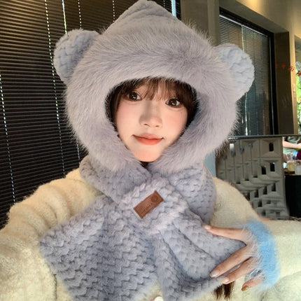 Cute Bear Plush Hat and Scarf Set for Women, Autumn and Winter Thickened Warm Cycling Cold-Proof Ear Protection Lei Feng Hat