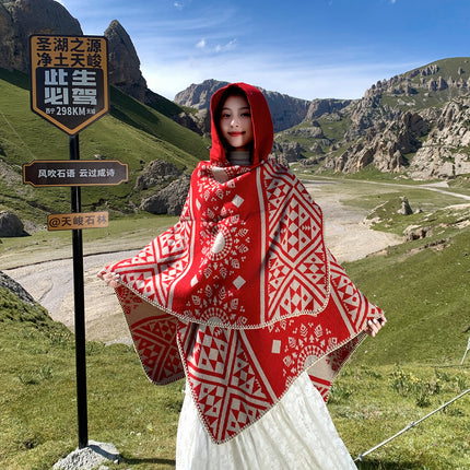 Ethnic Style Hooded Cape Shawl for Women, Fashionable and Stylish Thickened Version, Warm Outerwear for Travel and Photography Scarf