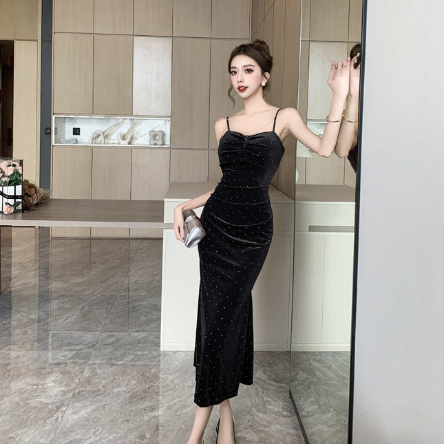 2160 autumn and winter socialite temperament gold velvet condole belt dress gypsophila rhinestone dress fishtail skirt slim dress