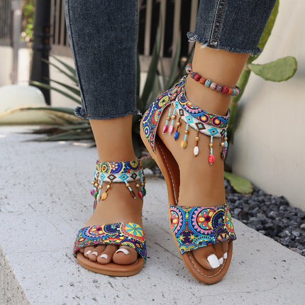Roman Women's Sandals New Beaded Back Zipper Bohemian Flat Sandals