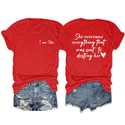 Amazon double-sided printed summer round neck short sleeve she overcame everthing loose all-match T-shirt