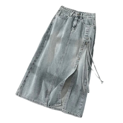 High Waist Split Denim Skirt Women's 2024 Trendy All-match Lightweight New Style Strap Design Sense New Chinese Style Long Skirt