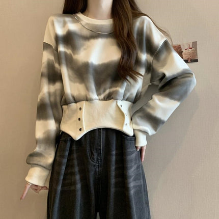 American Retro Tie-Dye Hooded Sweatshirt for Women in Spring & Fall Plus Size Fat mm Slimming Look Design Asymmetrical Short Top Trendy
