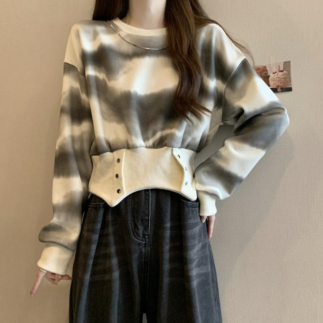 American Retro Tie-Dye Hooded Sweatshirt for Women in Spring & Fall Plus Size Fat mm Slimming Look Design Asymmetrical Short Top Trendy