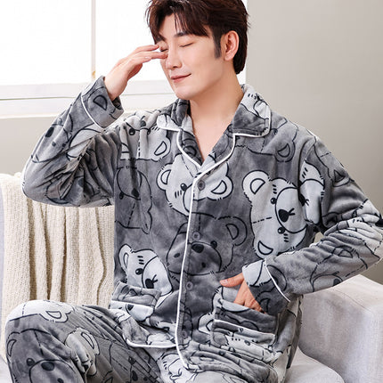Men's Pajamas, Winter Thickened and Fleece-Lined, Men's Home Wear Set, Coral Fleece, Warm, Autumn and Winter, One-Piece Wholesale