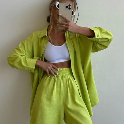 2024 spring European and American new solid color single breasted cotton and linen long sleeve shirt loose fashion casual shorts suit