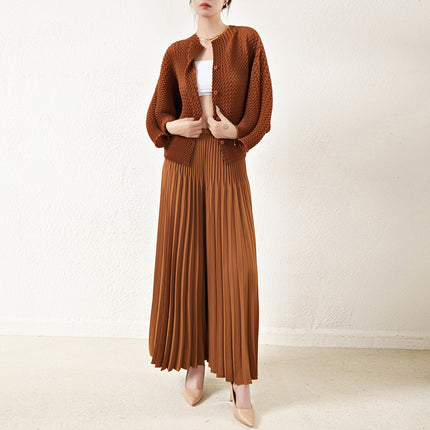 Miyake Fashion suit Women's Autumn Niche Design Sense V-shaped Pleated Batwing Shirt Top Pleated Large Pant Skirt Two-piece Set