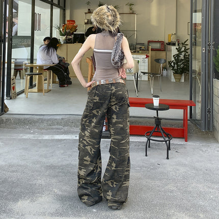 American Retro Camouflage Claw Pants Women's 2025 Spring New High Waist Drawstring Design Straight Dipping Casual Pants