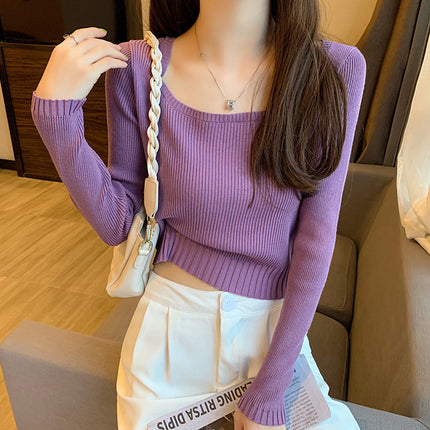 Square Neck Sweater Women's Spring and Autumn Thin Small Super A Figure High Waist Short Outer Knitted Top