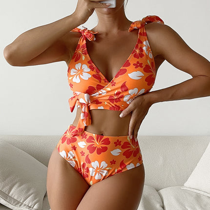 2025 New European and American Style Aliexpress Bikini Tie-Up Printed Backless High-Waisted Sexy Bikini Swimsuit for Women