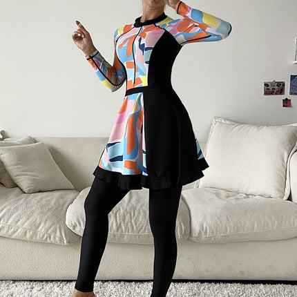 New Style Printed Long-Sleeved Conservative Full-Coverage Swimsuit Three-Piece Set Tight-Fitting Sun-Protective Hot Spring Swimwear