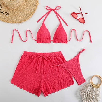 European and American Sexy Bikini Three-Piece Special Fabric Swimwear Women's Solid Color Beach Suit Holiday Swimwear Hot Sale