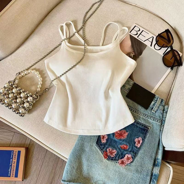 Spice Girl Vest Fake Two-piece Bow Hollow Beauty Back Sling Fixed Cup Stitching Contrast Color Slim-fit Base Vest