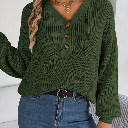 Real shot 2023 autumn and winter New hollow V-neck button lantern sleeve pullover sweater independent station cross-border foreign trade women's clothing