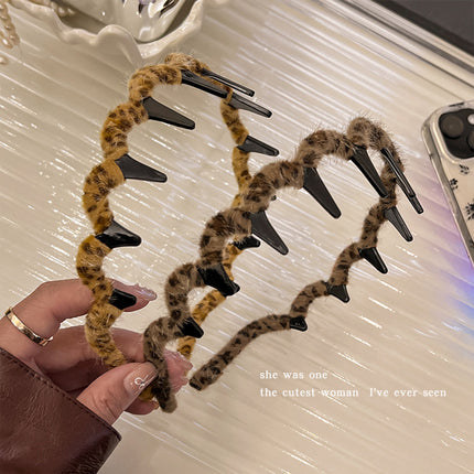 Plush Leopard Print Headband for Women, Autumn Hair Accessory for Tidying up Stray Hair, High Cranial Headband, Hair Clip, Hair Accessory, Korean Style Headband