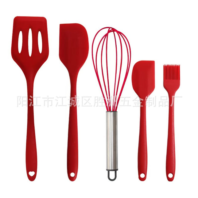 Cross-Border Kitchen Silicone Spatula Brush Egg Beater Silicone Kitchen Utensils 5-Piece Set Cooking Set Baking Tools