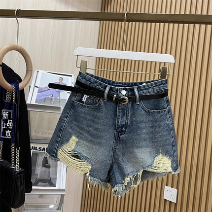 Plus Size Ripped High-Waisted Denim Shorts for Women Summer New Hot Girl Raw Edge Tassel Design American A-Line Hot Pants