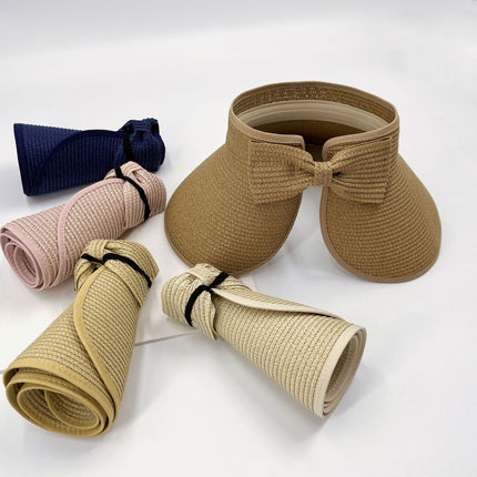 Summer Foldable Empty Top Straw Hat Women's Outdoor Portable Bow Big Cornice Sun Hat Fashion Cross Border Hat
