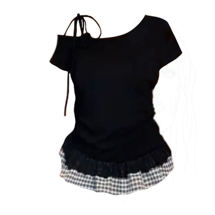 Tie-Up Spicy Girl Off-Shoulder Short-Sleeve T-Shirt Summer New Lace Slim-Fit Patchwork Plaid Crop Top for Women Trendy